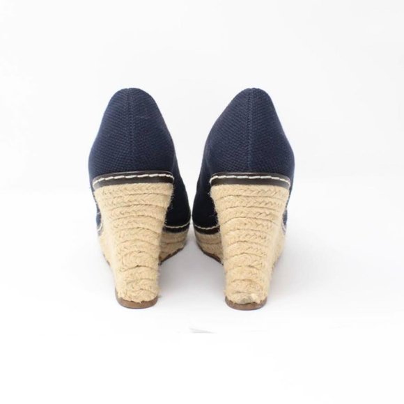 TORY BURCH Navy Blue Logo Wedges